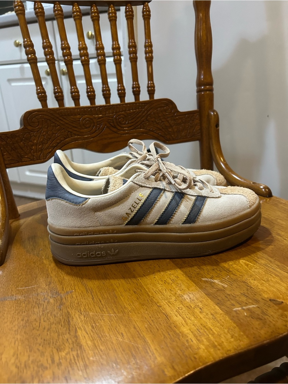 adidas Gazelle Platform Sneakers in Beige with Navy Stripes